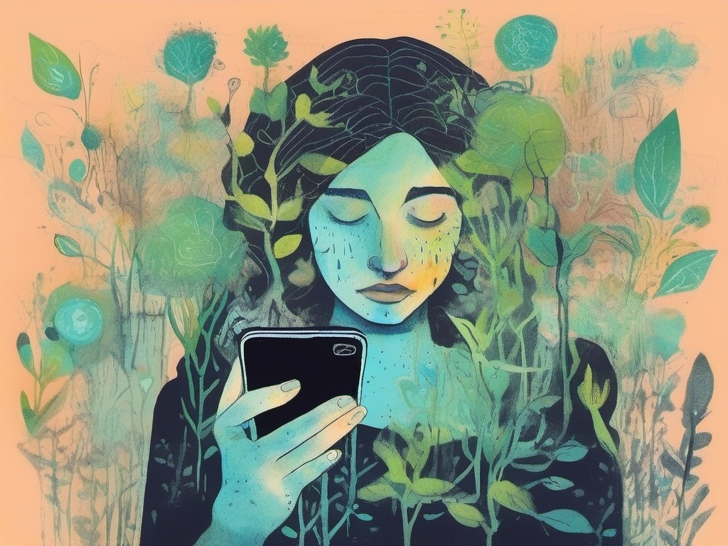 Mercy Canning art of Girl holding phone covered in vines Mercy Canning (U3237996), CC BY-SA 4.0 <https://creativecommons.org/licenses/by-sa/4.0>, via Wikimedia Commons